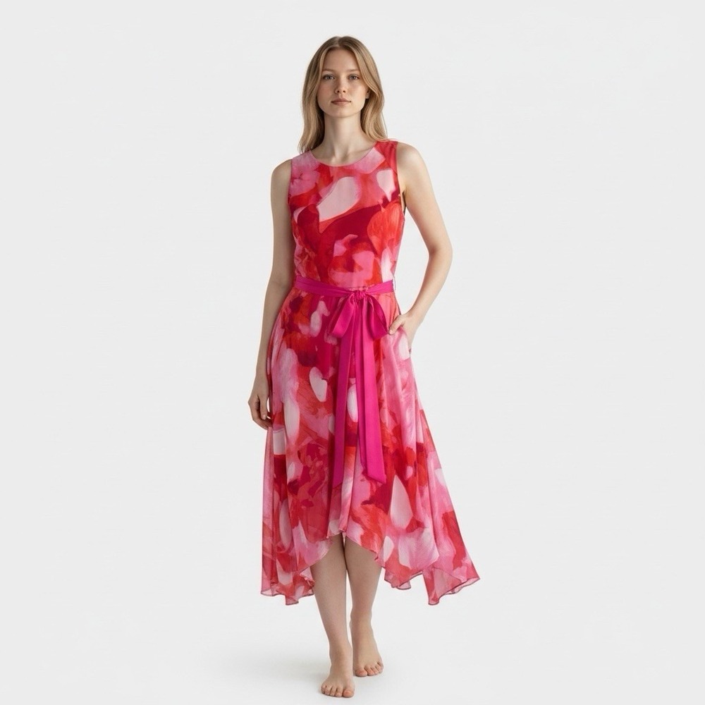 Eliza J Women's 6 Midi Dress Handkerchief Hem Chiffon Pink Watercolor EUC